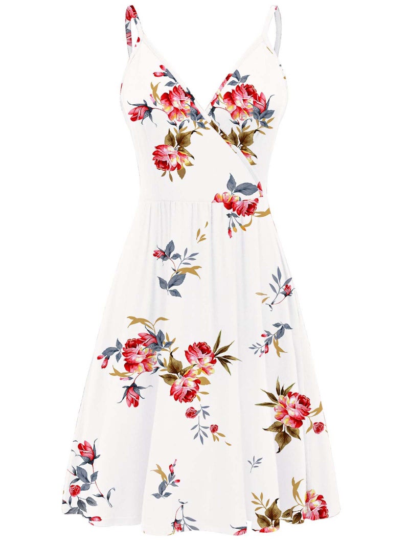 WEACZZY Summer Dresses for Women 2025 Sexy V Neck Floral Sun Dress Casual Beach Cover Up Mini Vacation Dresses Pockets, Floral White, L - Image 2